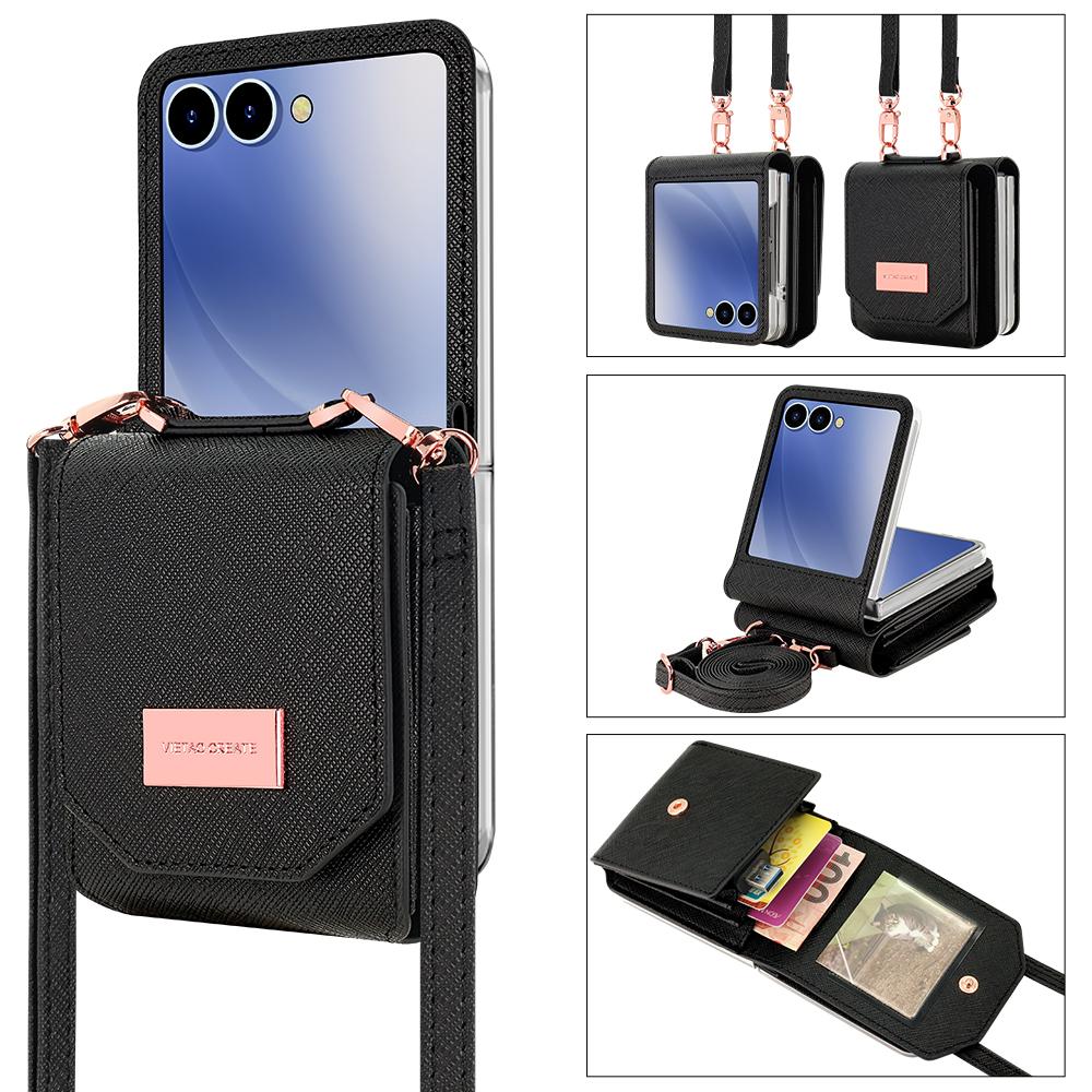 For Samsung Galaxy Z Flip7 5G Case Card Bag Kickstand PU Leather PC Phone Cover with Strap