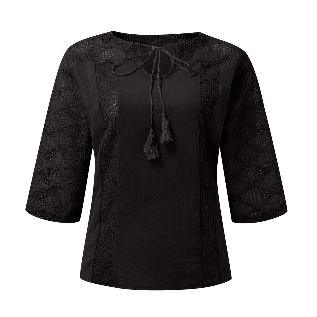 Womens Spring Tops Lace Patchwork 34 Sleeve Summer Shirts for Women Casual Loose Womens Summer Shirts Blouse