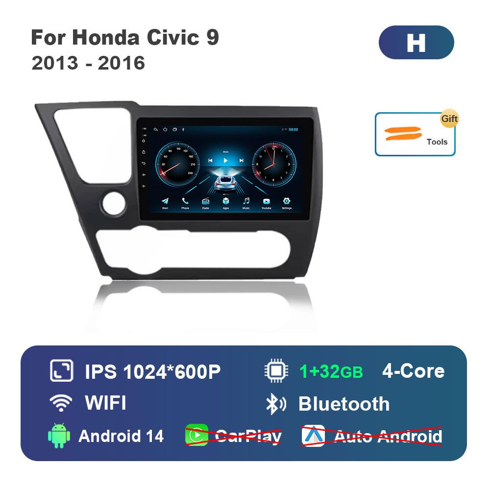 

for Honda Civic 9 2013 - 2016 Car Audio Video Player Intelligent Android 14 System GPS Navi WiFi BT 4G DSP Stereo Auto Tools