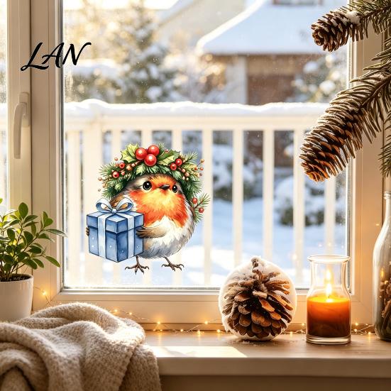 Cute Animal Pattern Stickers Christmas Bird Static Window Sticker, Watercolor Glass with Wreath And Gift Box, PVC Creative Holiday Waterproof