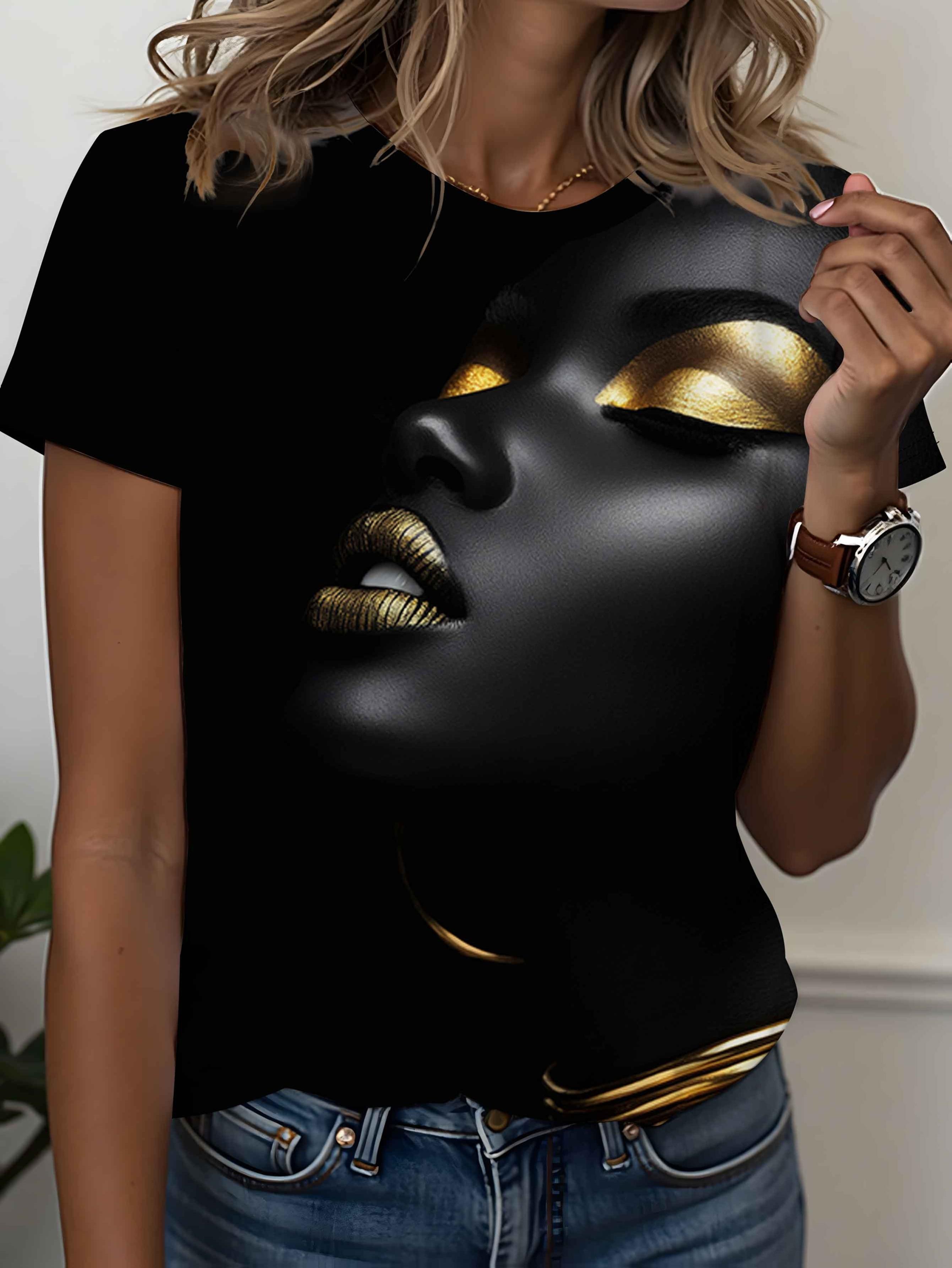 

All-Over Printed Women S T-Shirt with Premium Black And Golden Face Print. Vintage Light-Luxury Style Top. Fashionable Round-Neck Design; Suitable for S дубильная кора
