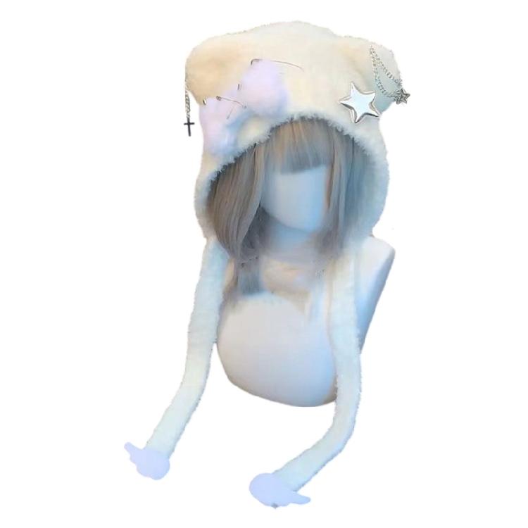Warm Black Bear Hat with Ear Wing Furry Caps Cartoon Ear Hat Solid Color Winter Plush Hat for Casual Wear