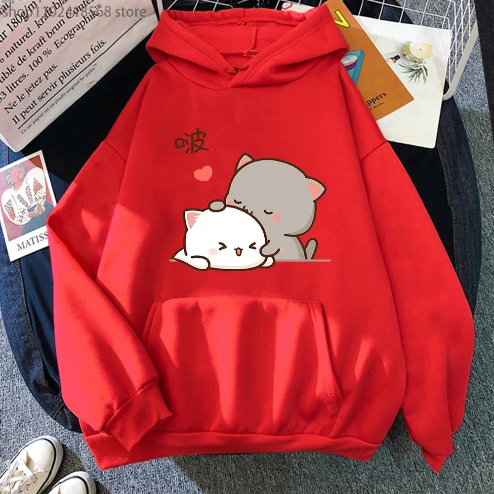 Peach Cat Hoodies Kawaii Clothing Aesthetic Cute Pink Tops Oversized Cartoon Print Sweatshirts Women Warm Streetwear Men