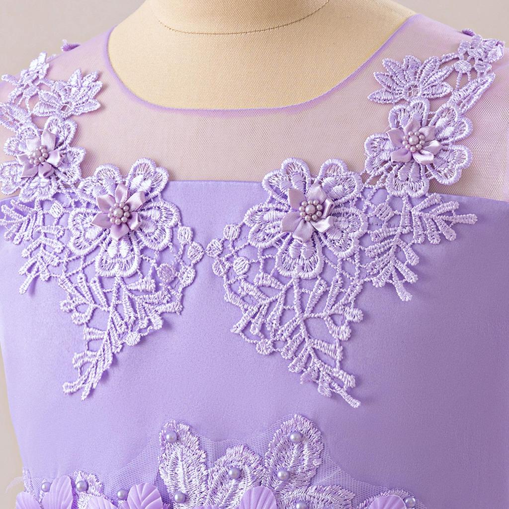 Girls' Sleeveless Mesh Princess Dress with Embroidery & Appliques - Formal Performance Wear