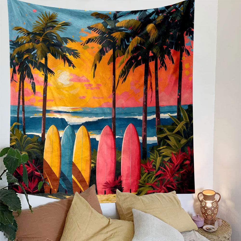 Surfboards and Sunset Tropical Scene Patterned Tapestry Decorative Wall Hanging, Home Bedroom Living Room Decor