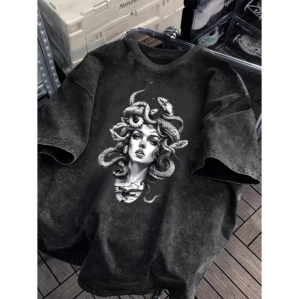 Greek Mythology Medusa Men Women's Vintage Washed T Shirt Streetwear Cotton Oversized Tee Short Sleeve Tops