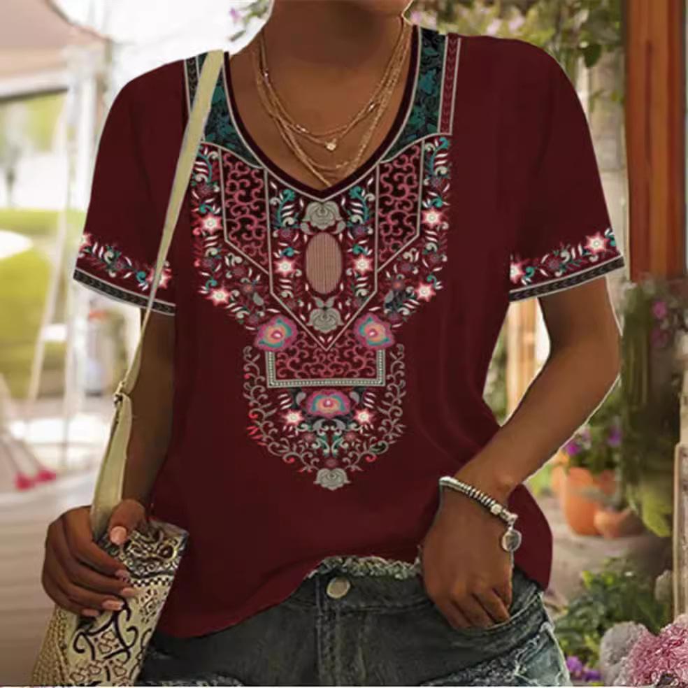Summer V-neck 3D Retro Ethnic Style Printed Top Fashionable Casual Short Sleeved Women's T-shirts