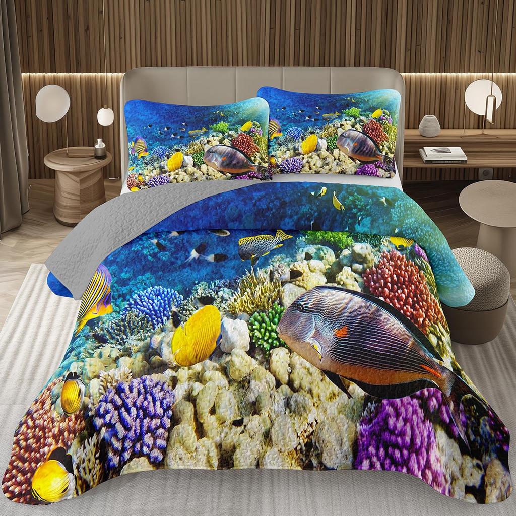 Fish Bedspread Twin Queen Ocean Marine Theme Coverlet Set for Boys Girls Teens Room Soft Lightweight Sea Animal Quilted Bedding