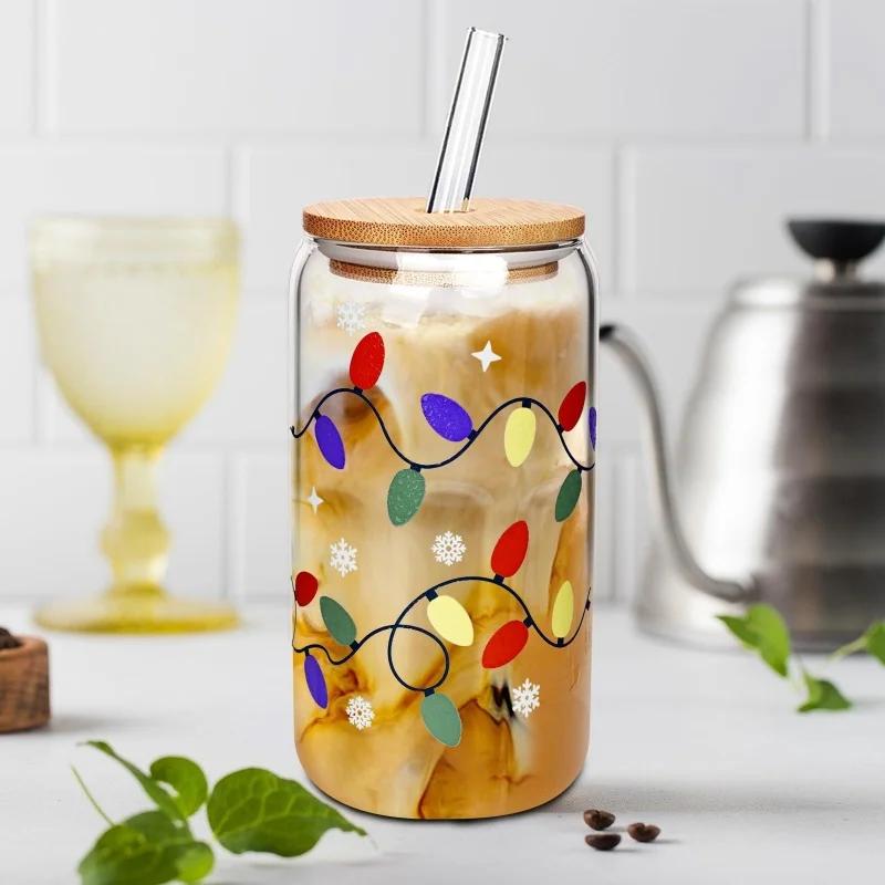 Color Changing Glass Cup 380-600ml Bamboo Leak Proof Cover And Straw Change Color When Exposed To Cold Christmas Party Gift