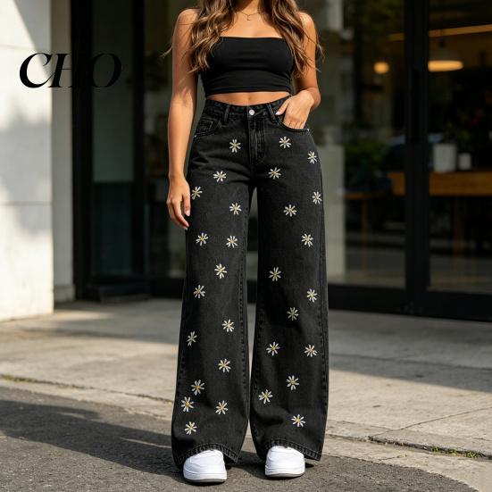 Stretchy Slim Jeans Girl's Bow Cherry Print Baggy Jeans, Wide Leg Mid Waisted Denim Pants for Women Pants, Zipper Fly Elastic Casual Streetwear