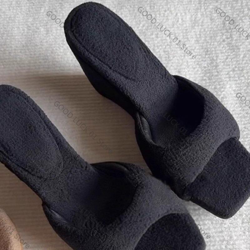 Fashion 2025 Slip Belt Wedge Heels Women's Niche Fashion Versatile Bread Plush Fleece Square Toe Slippers