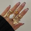 Gold Color Flower Crystal Baroque Pearl Open Ring for Women Fashion Rings Set Engagement Party Gift Temperament Jewelry