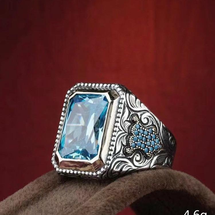 Accessories Geometric Square Aquamarine Zircon Ring For Women Vintage Textured Punk Hip Hop Ring For Men