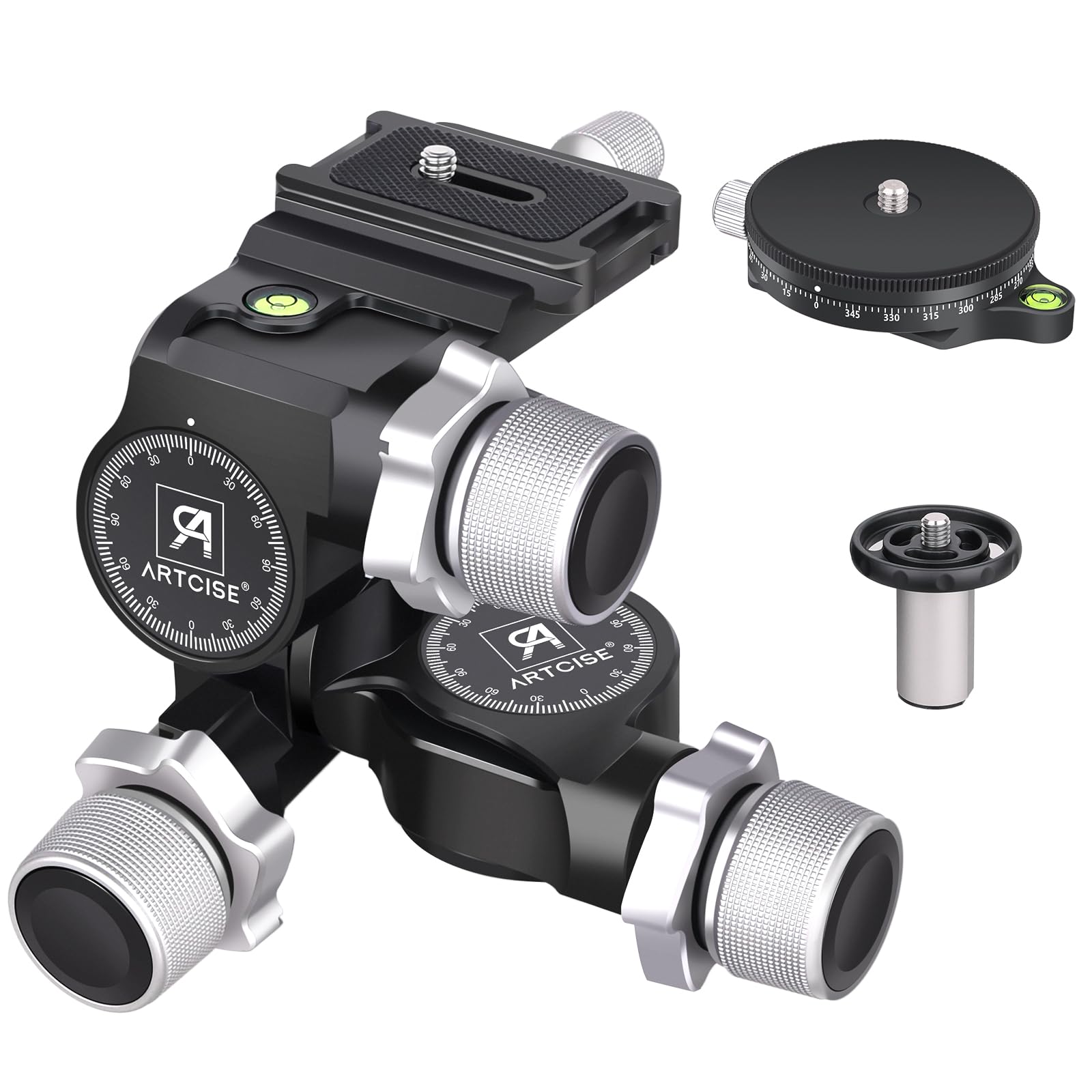 

ARTCISE Geared Tripod Aluminum Fast Precision Quick Maximum Weight Capacity 6kg 3-Way Head, CNC-Made Alloy, Operation, Adjustment, 360° Panorama, чёрный