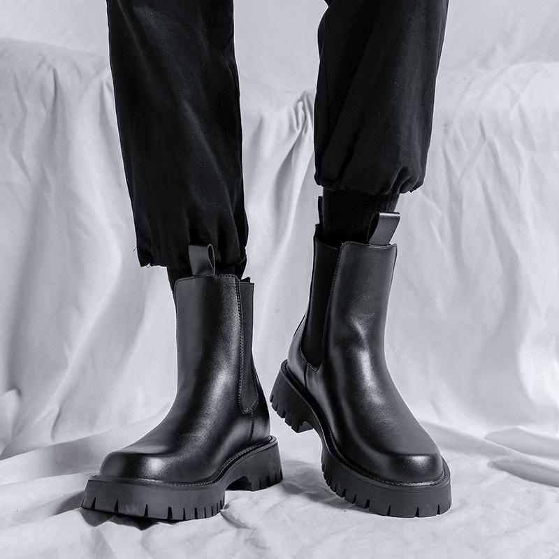 British Style Men's Fashion Chelsea Boots Soft Leather Shoes Cowboy Platform Boot Handsome Autumn Winter High Top Botas Hombre