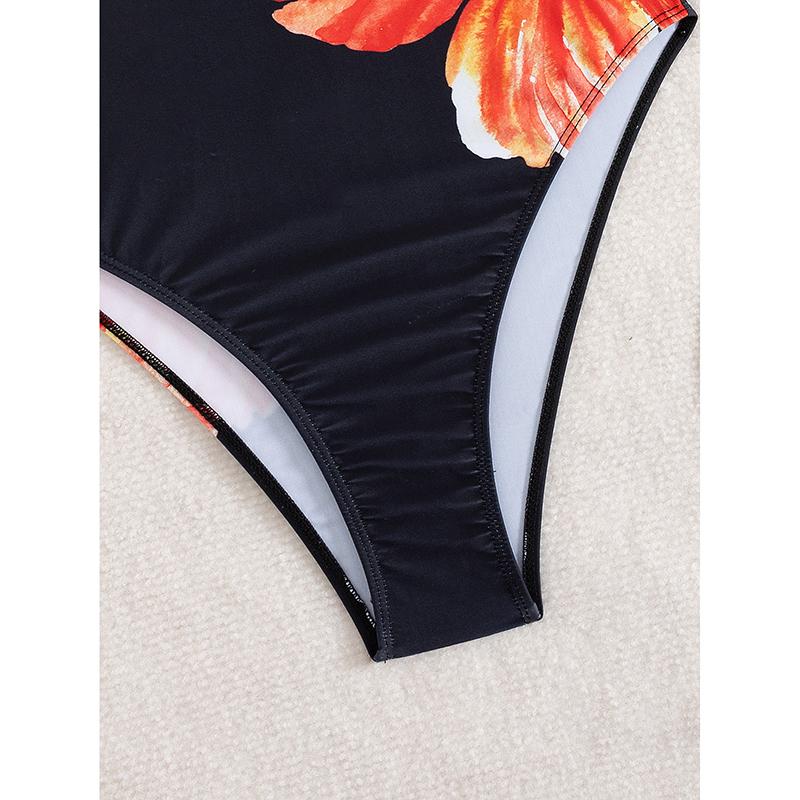 Vintage Black Floral Print Swimwear Women Knitted Double Strap Back Cross One Piece Swimsuit Tummy Control Bathing Suits