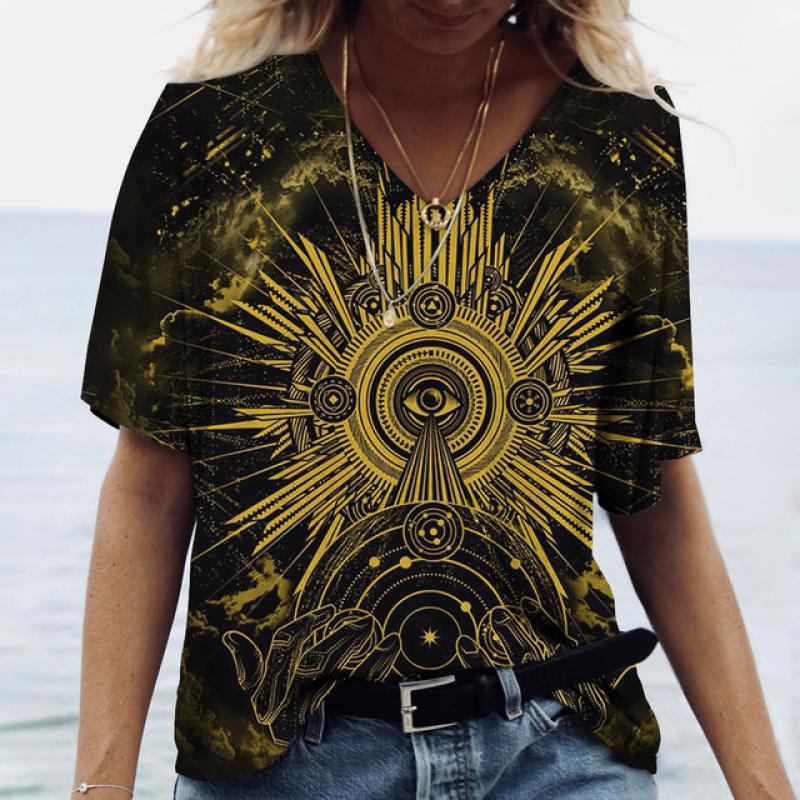 

Жіноча футболка з V-подібним вирізом 2023 р. Вуличний давньоєгипетський етнічний костюм Жіночий топ з короткими рукавами Повсякденний модний жіночий одяг 7XL