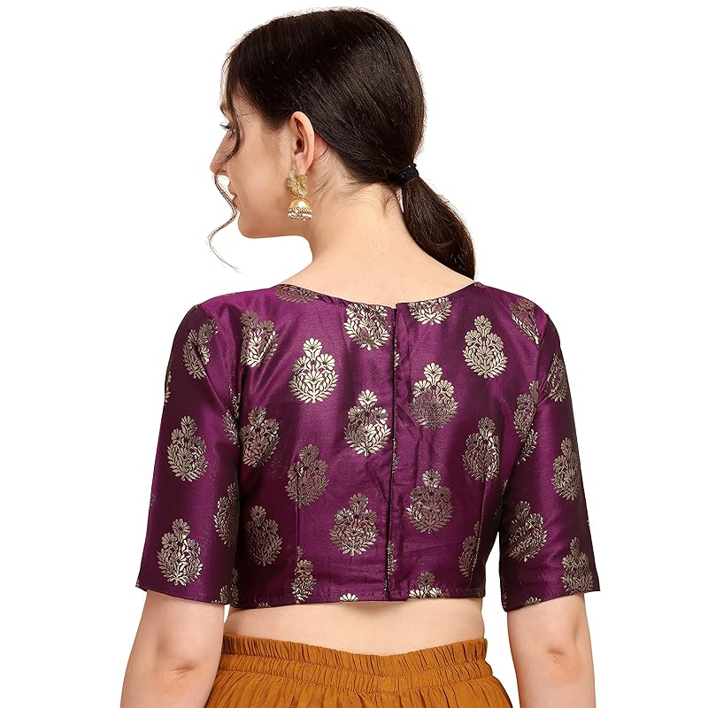 Oomph! Women S Indian Ethnic Wear Designer Floral Pattern Zari Work Boat Neck Half Sleeve Readymade Non - Padded Blouse L фиолетовый