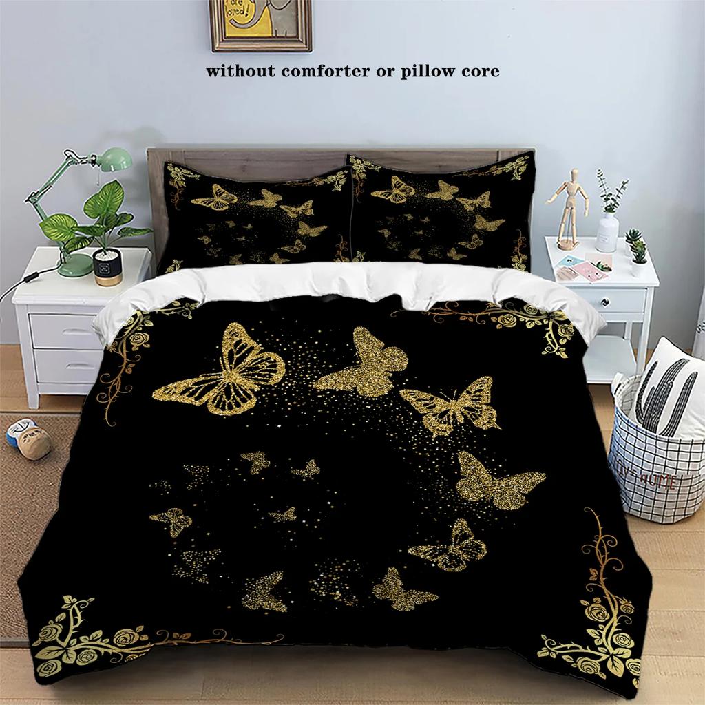 3-Piece Set Of Golden Butterfly Printed Down Duvet Covers (1 Down Duvet Cover+2 Pillowcases No Core) Soft Bedding Set