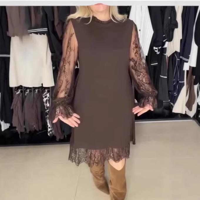 2026 Europe and America Women's Fashion Lace Splicing Long Sleeve Women's Dress