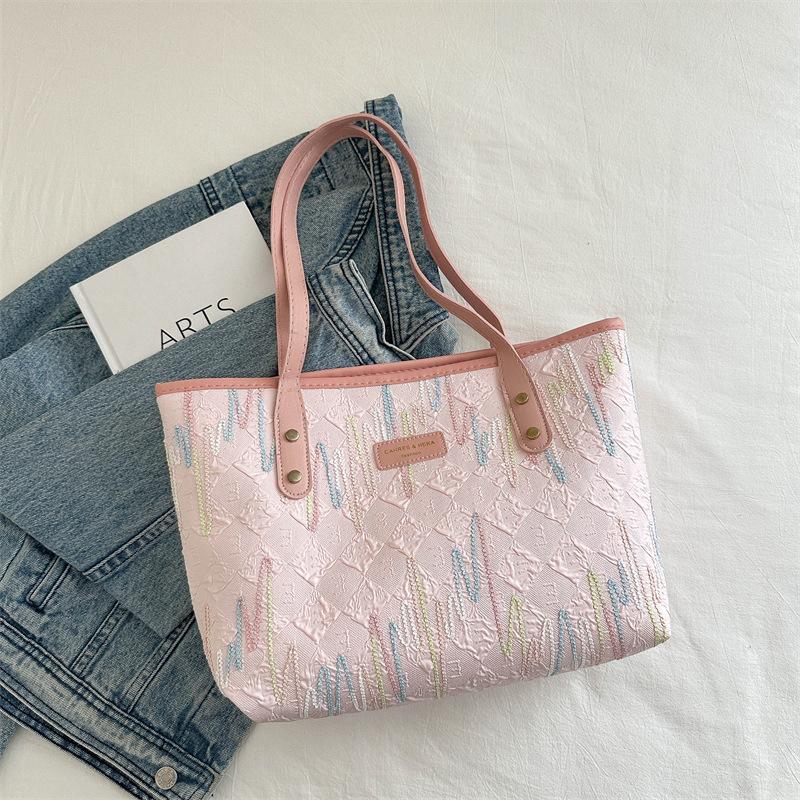 Casual commuting large-capacity bag women's new fashion college student class shoulder striped embroidered tote bag