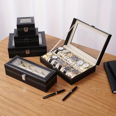 Schwarze Uhrenbox aus Kunstleder, quadratische Vitrine mit Klappdeckel, geeignet für 2/3/4/5/6/10/12 Uhren, eine elegante Aufbewahrungs- und Organisationsbox für Uhren.