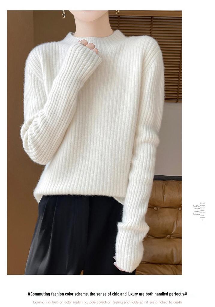 Women's Cashmere Striped Slimming Knit Sweater - Half-High Neck Autumn/Winter Base Layer