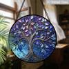 2D Flat Stained Glass Tree of Life Window Decoration, 7.87inches Blue Purple Elegant Design Colored Glass Plate with Chain, Charming Spring Summer
