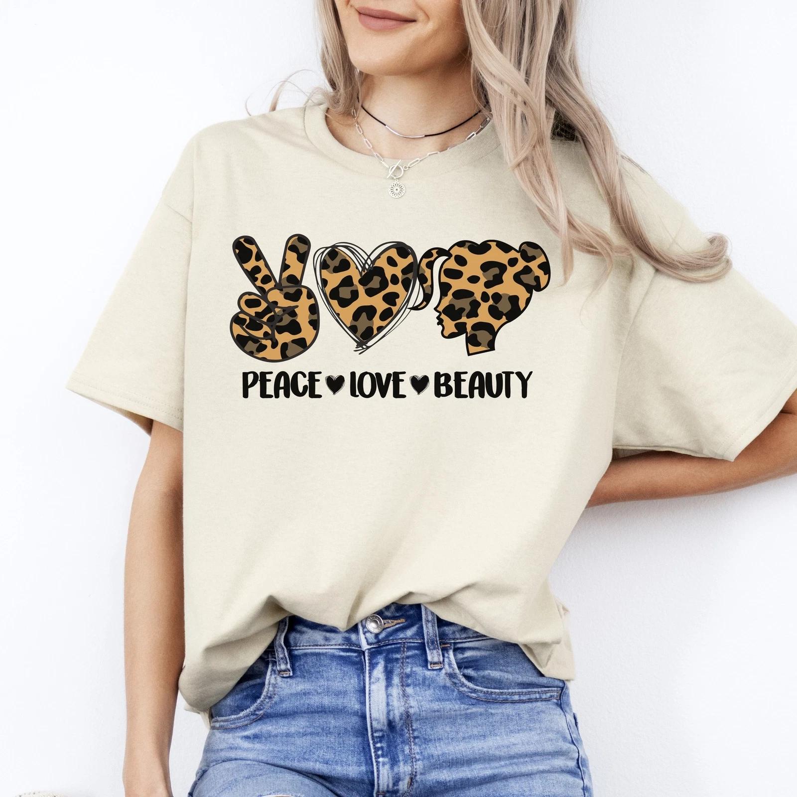 Peace Love Beauty T-Shirt Leopard skin Hairdresser Hair Stylist Unisex Tee Sand S