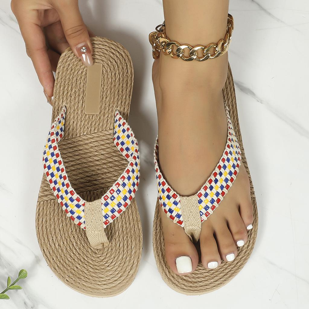 New imitation straw woven travel hemp bottom women's sandals Korean tide wearing flip-flops fashion beach pinch foot women's slippers