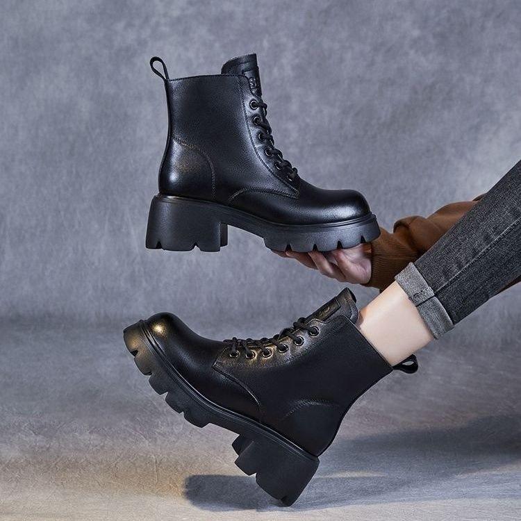 Women's British Style Warm Leather Boots, New Retro Soft Leather Single Boots In Autumn and Winter 2025, Thick-soled Heightening Velvet Martin Boots