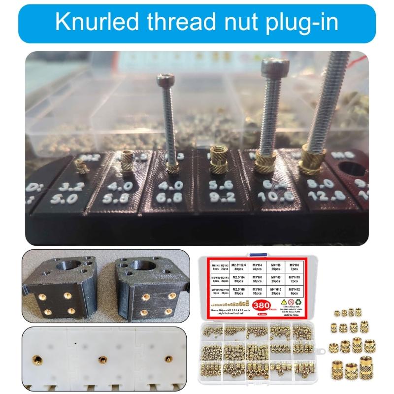 380Pcs Threaded Inserts 2/2.5/3/4/5/6mm Metric Knurled Nut Brass Embedding Nut for Printing 3D Printer Parts