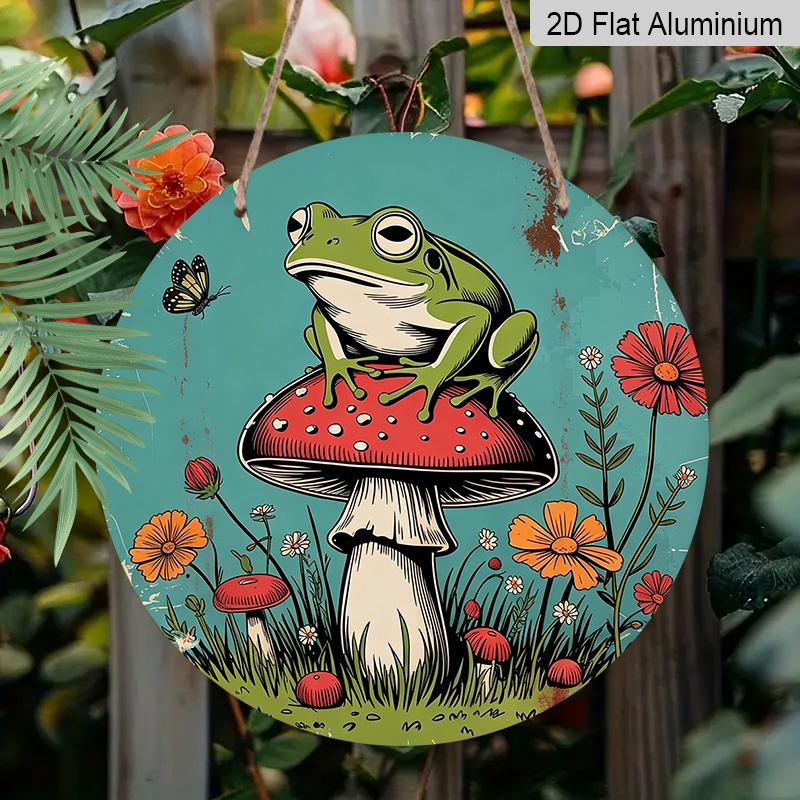 

2D Flat Aluminum Retro Frog and Mushroom Pattern Signboard Wall Decoration, Available in Various Sizes. Suitable for Cafes, Living Rooms, Kitchens 20*20cm
