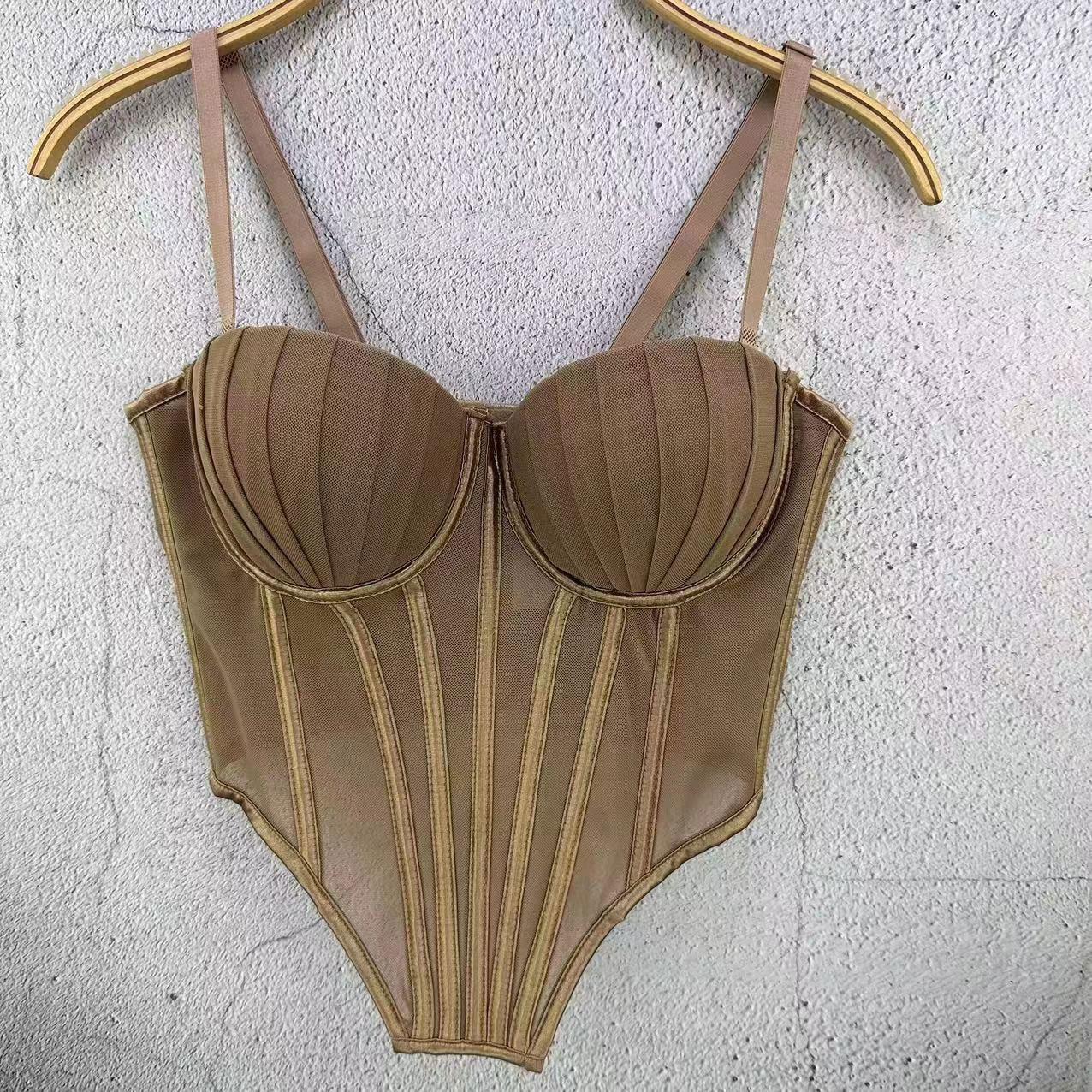 

Топ-бюстье из сетчатого кружева во французском стиле со скульптурированной спинкой, верх без бретелей на косточках для женщин, легкий стиль, майки и топы 40/90 хаки