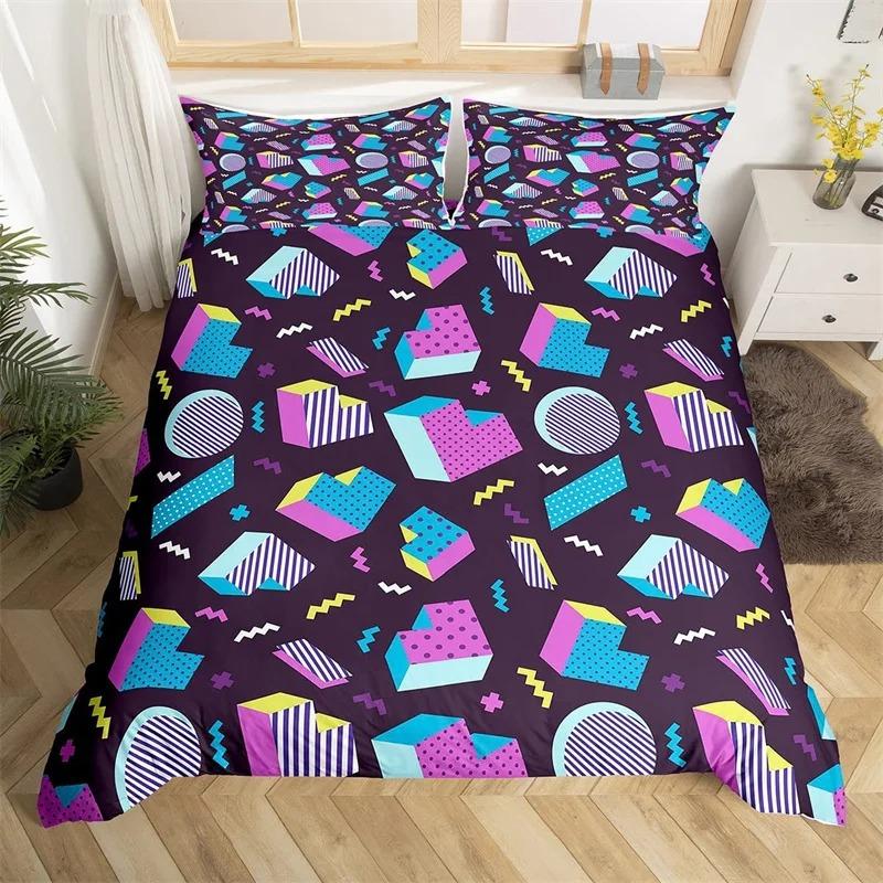 Psychedelische 3D Geometrische Bettbezug Mikrofaser Bunt Pop Art Queen Size Retro 80er Jahre Bettwäsche Set