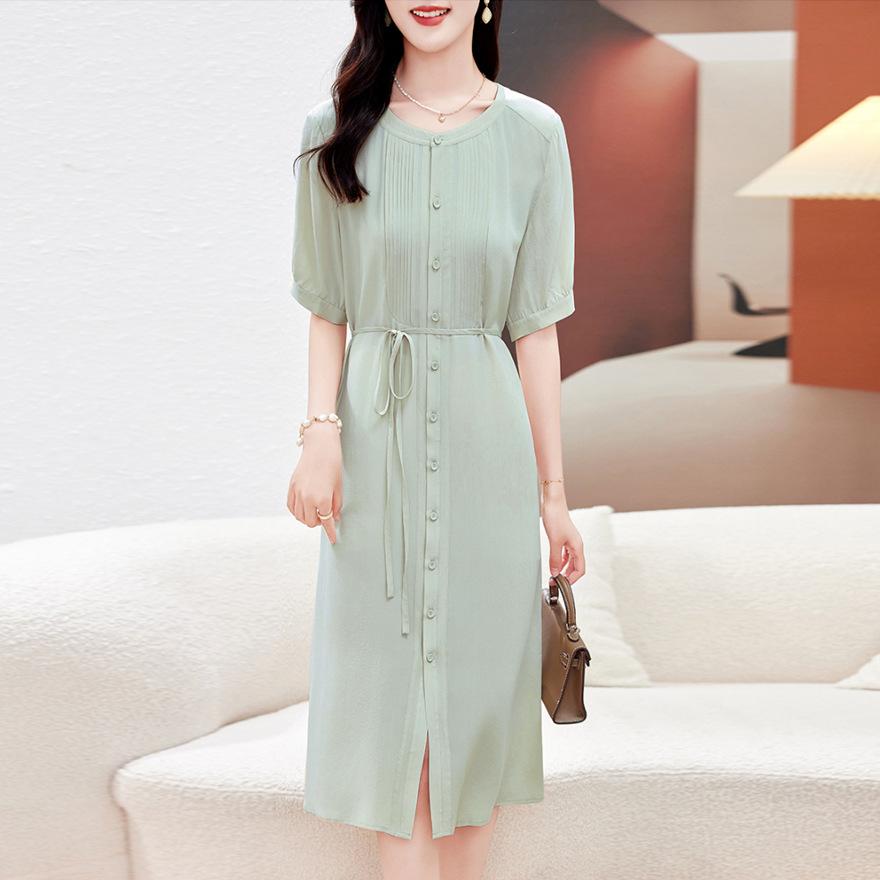 

Short-sleeved silk dress women s new temperament solid color trendy brand mulberry silk skirt L світло-зелений колір