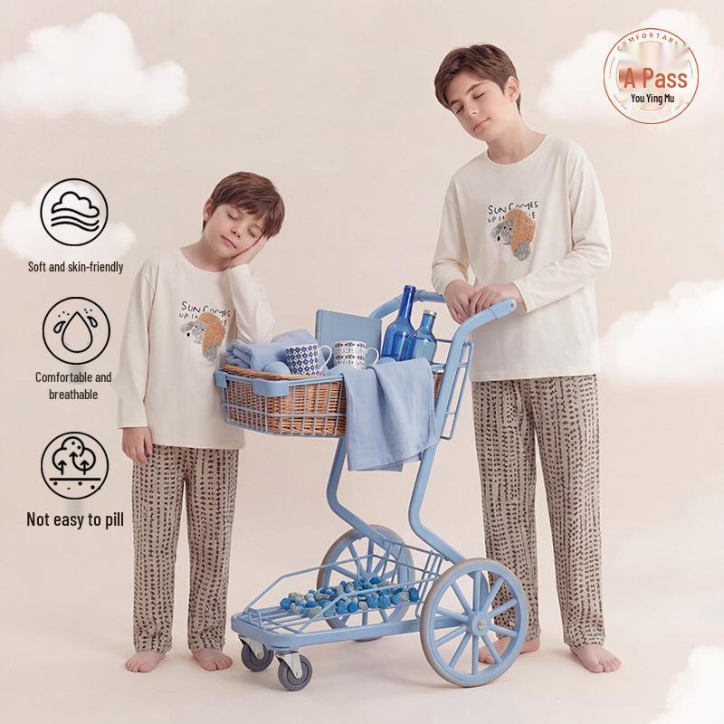 Boys' Long-Sleeve Pure Cotton Pajama Set for Spring, Summer, and Autumn - Ideal for Primary School-Aged Children.