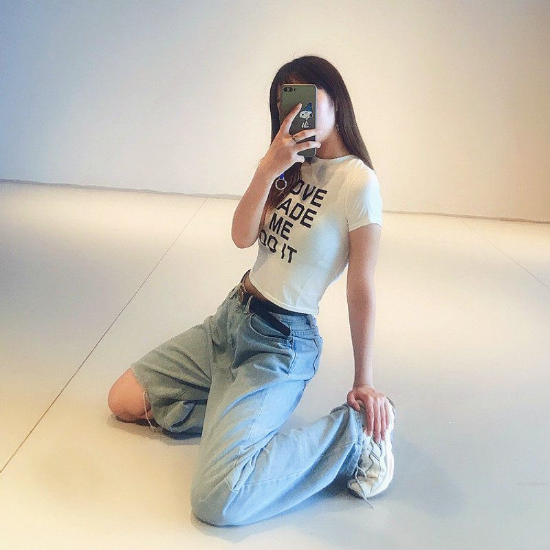 Midriff Outfit European and American Style Letter Internet Celebrity Same Style Women's Short Sleeve