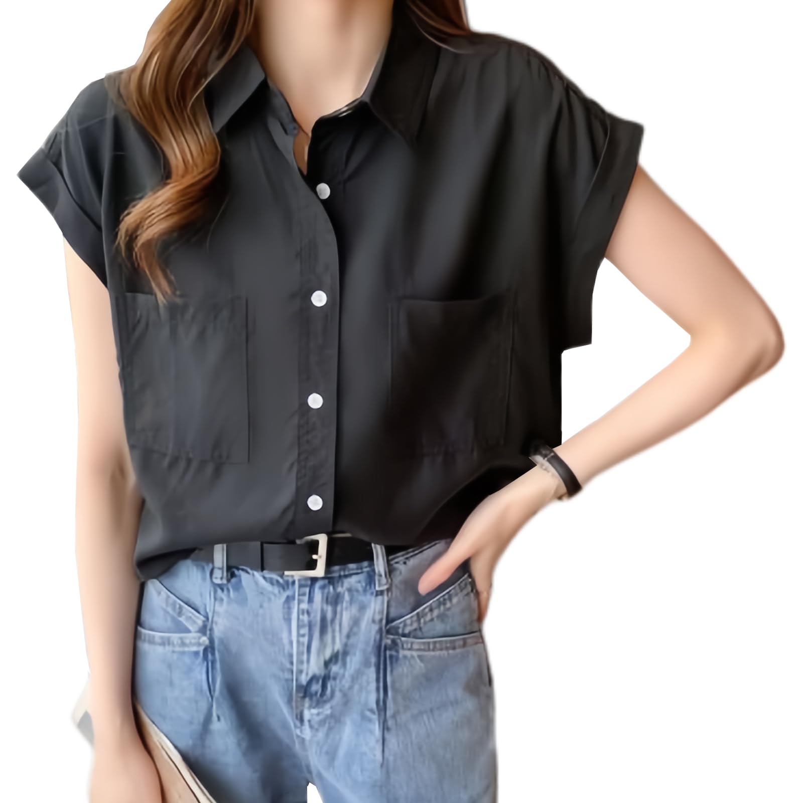 

короткий офисный летний [Наребуало Циетупооп] Рубашки, блузки, женские топы, рукава, воротник-стойка, однотонный, для многослойности, оборки, тонкий, универсальный, чёрный