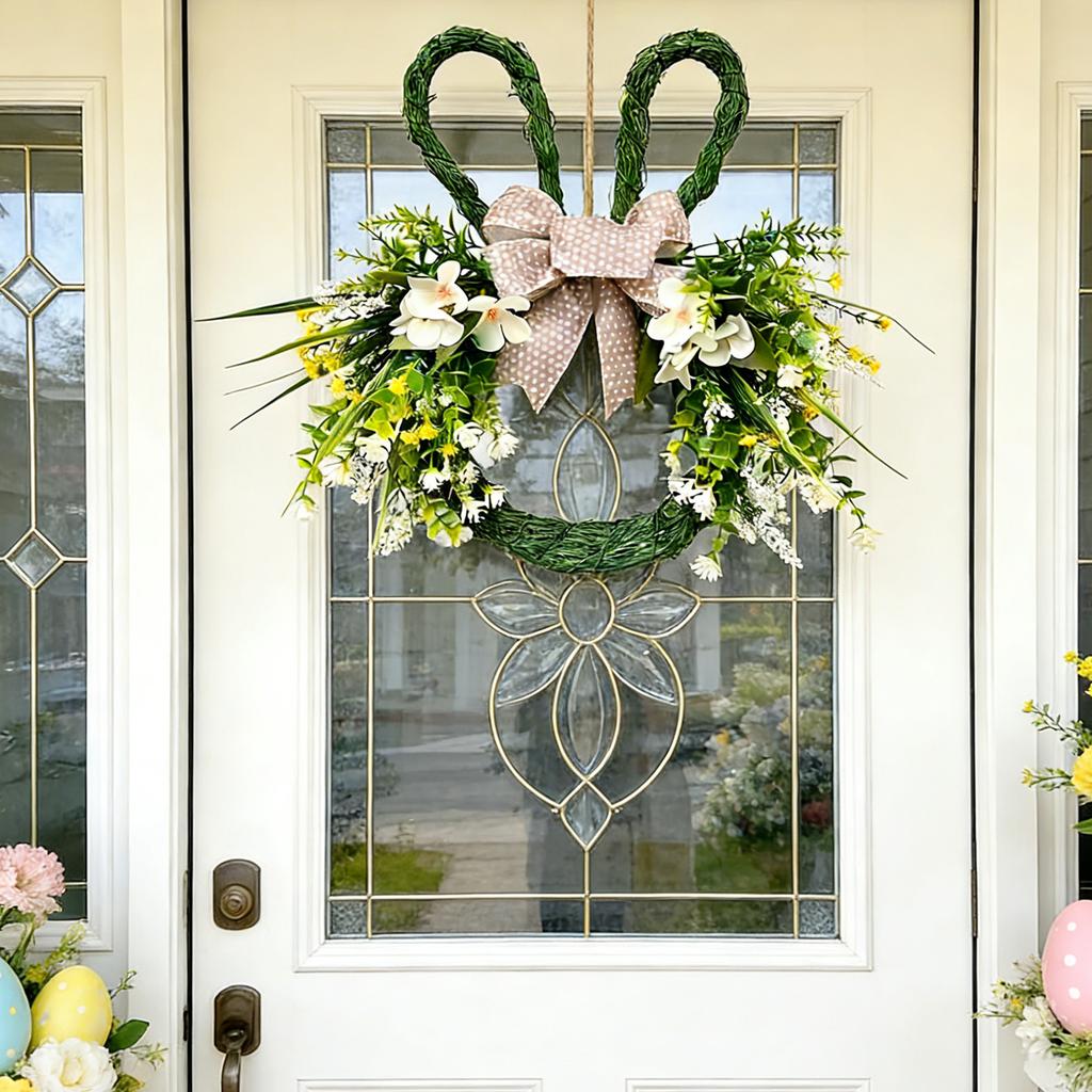 Easter Bunny Themed Artificial Flower Wreath, Spring Shaped Flower With Bunnies Ear Knot For Front Door,