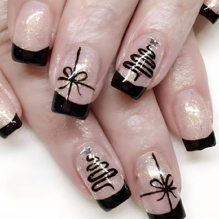 

Christmas Artificial Nail Christmas Ribbon Press On Nail Short Square False Nail Glittering Full Cover Stick on Nail 1