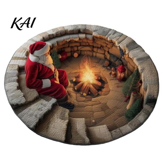 Indoor Christmas Rug 3D Round Rug, Optical Illusion Santa Claus Area 39 Holiday Decorative Inch Quilted-Like Floor Mat for Living Room Bedroom