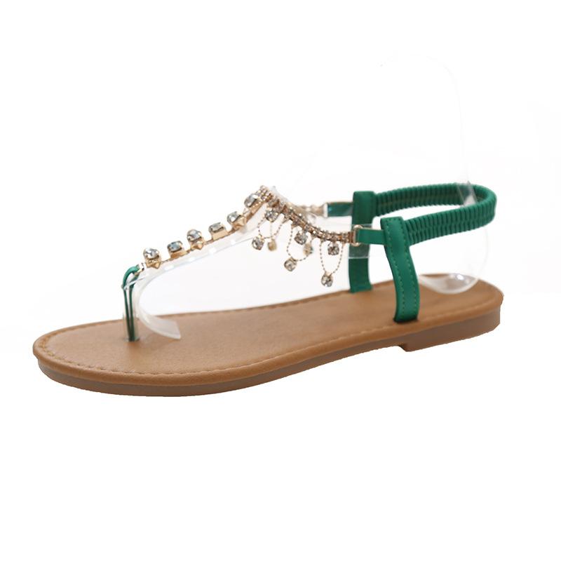 Mezzanin-Sandalen Damen neue flache Strandschuhe Strass elastisch ein Pedal große Größe