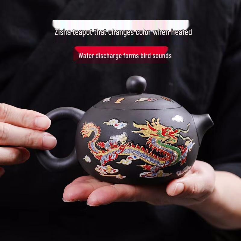 Heat-Sensitive Color-Changing Zisha Dragon & Phoenix Teapot with Bird Sound Water Outlet