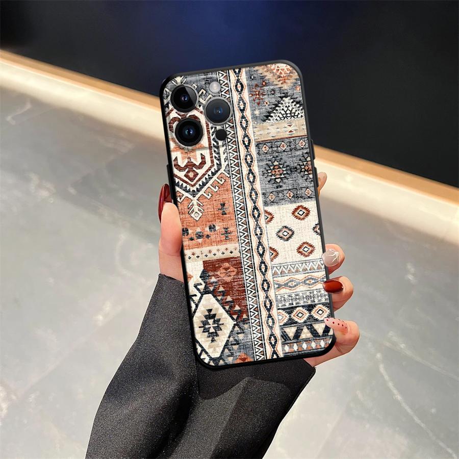Case for iPhone 7 8 17Air 13 12 11 17 Pro Max XS Max XR 15 16 14 Plus Black Soft Phone Cover Retro Ethnic Totem Pattern