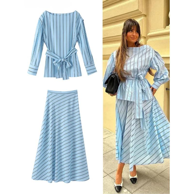

Повседневная юбка с полосатым принтом, женский комплект, модная рубашка с длинным рукавом и поясом, плиссированная синяя короткая юбка большого размера, элегантный женский наряд 2024 года, весна-лето
