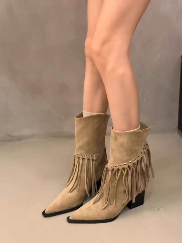 Frosted French Pointed Tassel Thick Heel Short Boots 2025 Autumn and Winter New Temperament Knight Boots Suede Western Cowboy Boots