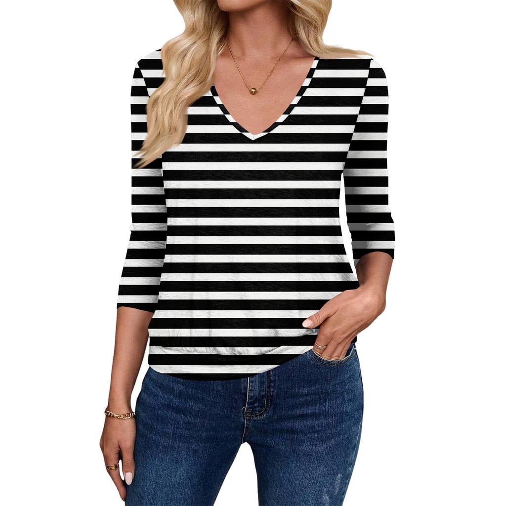 Top de damă casual la modă, cu decolteu în V, mânecă trei sferturi și imprimeu