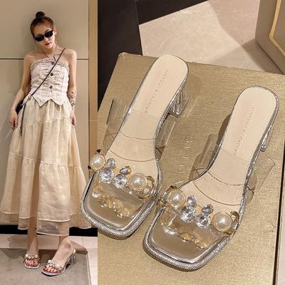 Transparente High Heels dicker mittlerer Absatz Zehenoffene Pantoletten Damenschuhe Oberbekleidung 2025 Sommer mit Perlen Strass Sandalen