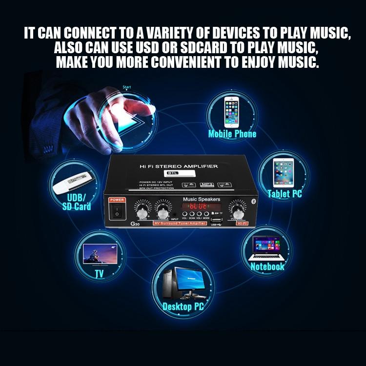 AC 220V 90W 2CH HIFI Audio Stereoforsterker LCD-skjerm bluetooth FM-radio Bil hjemmefjernkontroll Hjemmekinoforsterkere DC12V